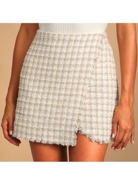 Lulus Preppy Reputation Faux Wrap Tweed Mini Skirt M